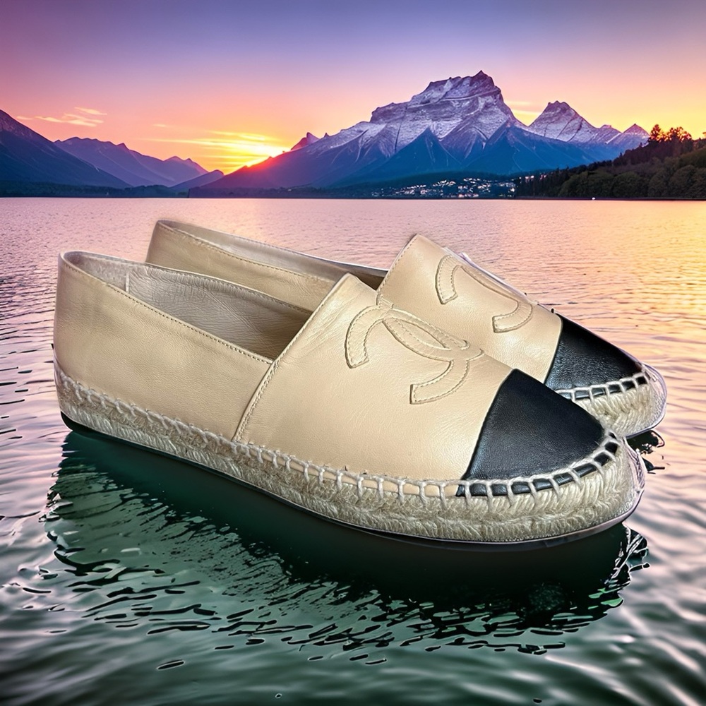 Chanel Black & Beige Lambskin Espadrilles 37 EU | 7 US